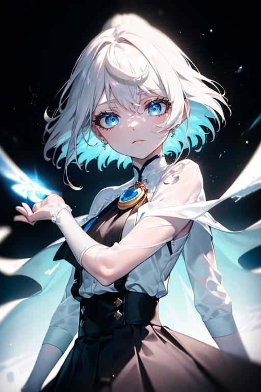 (Masterpiece, Best quality, Ultra precision), 1girl, Acquaintance, , Long white office shirt , Black pleated skirt, ((Light brown, Light brown hair:0.7), Long hair cut, Pale skin, ((blue eyes)), glowing_eyes, neon eyes, (ultra detailed eyes, Beautiful and detailed face, detailed eyes), ((Centering)), He smiles, ((View shot)), Facing the viewer, Eye level, (blurry background, bright snowy background, winter), Flat chested, Looking at the viewer, ((half closed eyes)), ((Perfect hands)), (((head, arms, Features, Elbows, In a vision))), ((Hands behind the back)), empty eyes, Beautiful lighting, the outside, in the fresh air, background, Specific topic, 25 years,