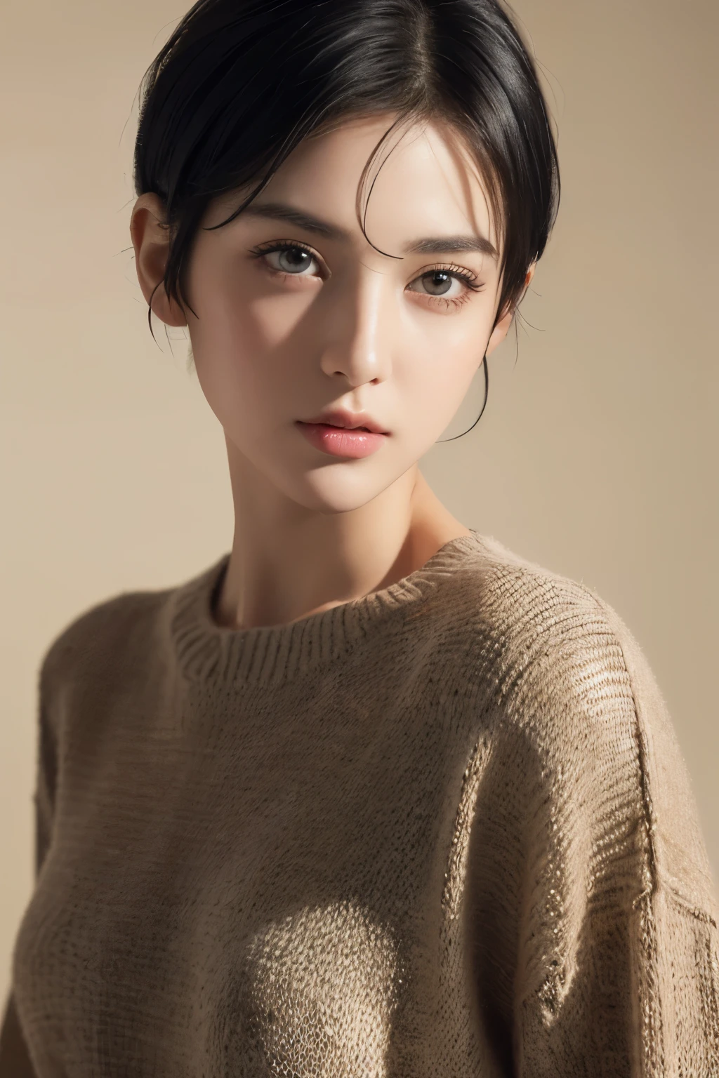 (masterpiece:1.3), (8k, Reality, original photo, best quality: 1.4), (1 Girl), Pretty Face, (Realistic face), (Black Hair, short hair:1.3), Beautiful hairstyle, Realistic eyes, Beautiful and delicate eyes, (Realistic skin), beautiful skin, (sweater), absurd, attractive, Ultra-high resolution, Surreal, Very detailed, Golden Ratio