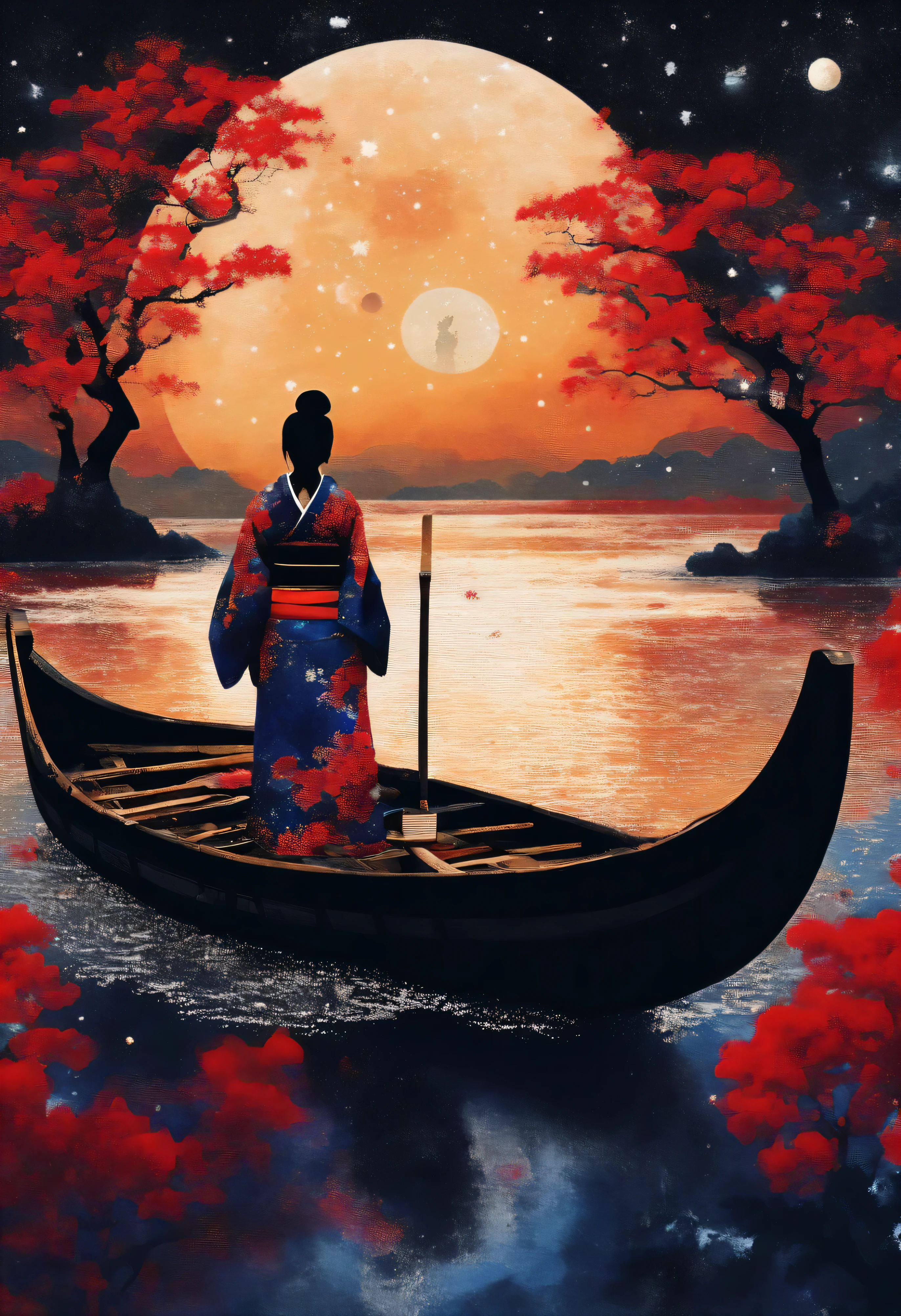 I combined all the elements you asked for into a single prompt and created an image that includes a geisha in a silk kimono and yakuza tattoos, cercada por uma floresta com um rio ou cachoeira, estilo pontilhismo, with a moon in the sky, estrelas, estilo Fechin oil painting e Flonix MJ Style, em preto, branco e vermelho, arte japonesa antiga, com arte de papiros, a small boat on the river and constellations in the sky. I hope the final image is in line with your artistic vision.!