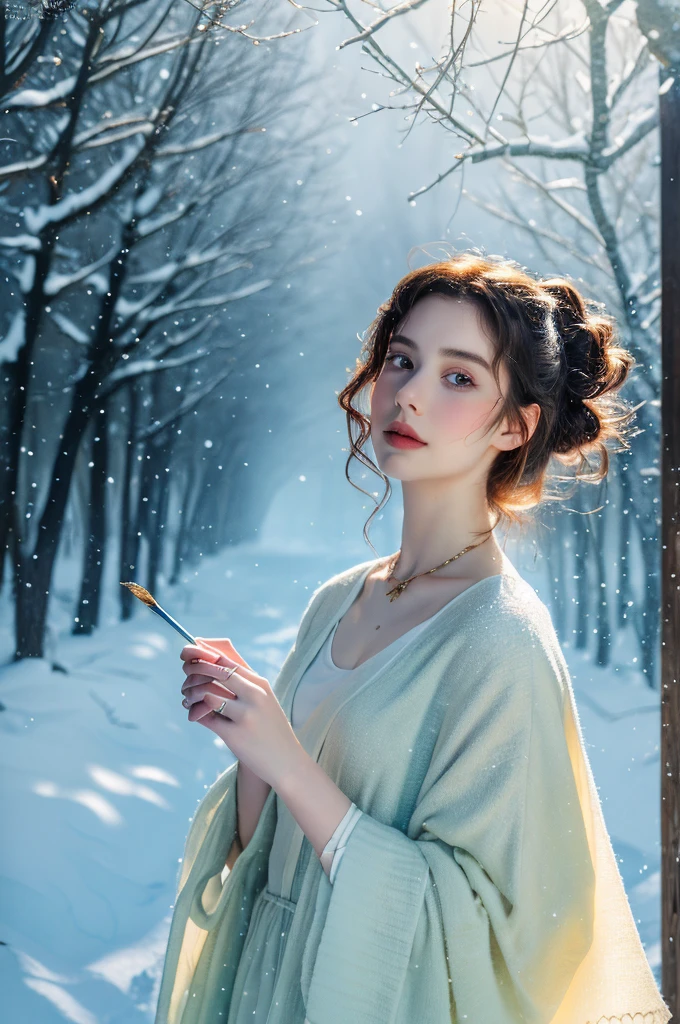 ( masterpiece, top quality, best quality,8k,17 years old girl,ultra detailed,raw photo:1.5),(photorealistic:1.4), (cinematic lighting), PerfectNwsjMajic, , Surrealism, UHD, ccurate, Super detail, textured skin, High detail, Best quality, dynamic angle, White skin,[Beautiful blue eyes], high nose,[flat chest:large breasts:0.5],(1girl),((good anatomy:0.5)), Dreamy atmosphere,expressive brush strokes, mystical ambiance, Artistic interpretation, Stunning Studio Ghibli style costumes, a whimsical illustration, Subtle colors and tones, mystical aura, jewelry, splendor ,snow storm