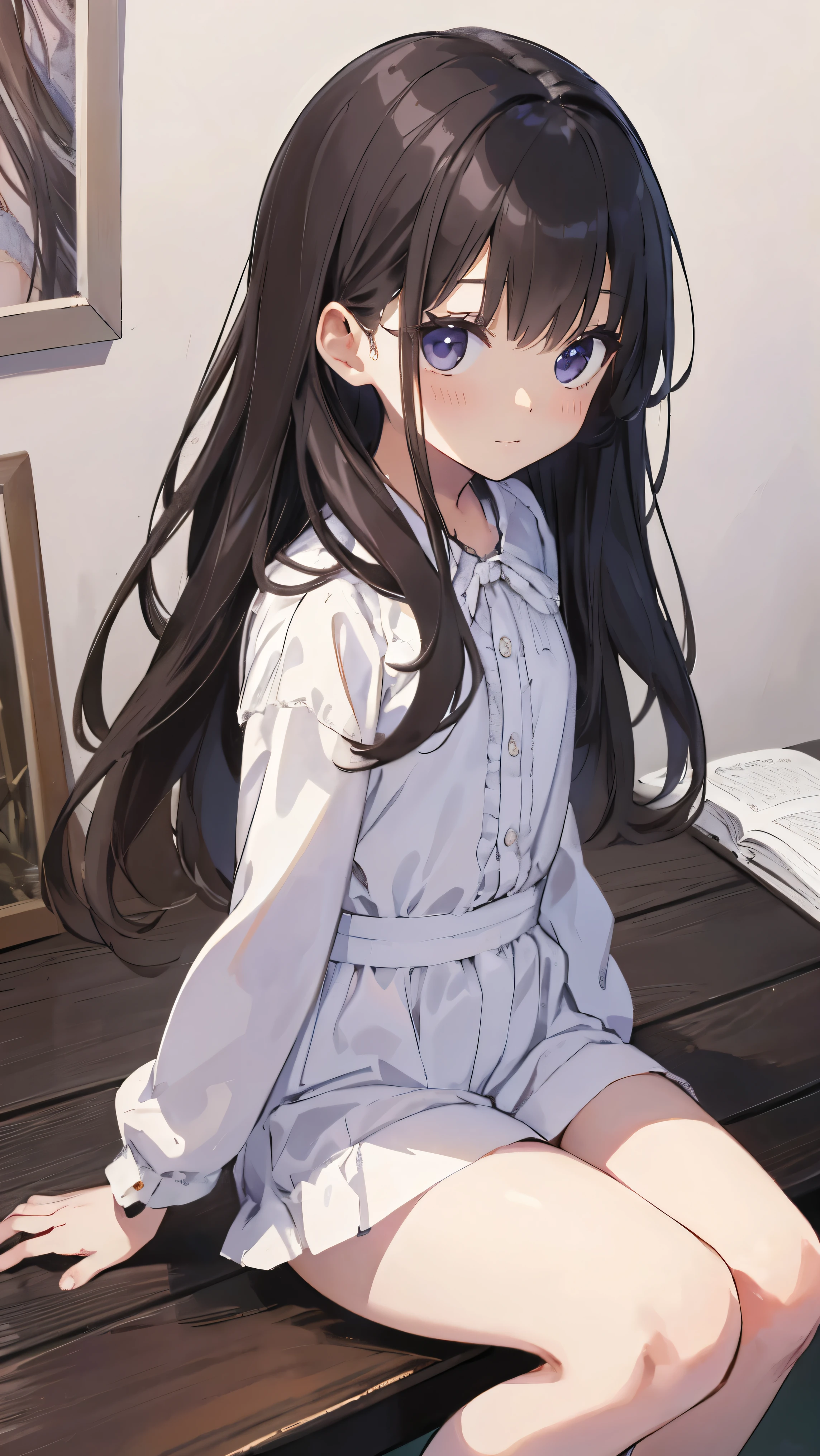 Masterpiece、Highest quality、highest quality、(((Lori)))、 (((((Petite)))))、Shiny hair quality、Small face、Sitting、Super detailed, beautiful, wide eyes、Ultra-detailed, clear and beautiful faces、(cute illustration:1.2), High-resolution, ultra-detailed, best quality, embarrassed 、Cute white underwear