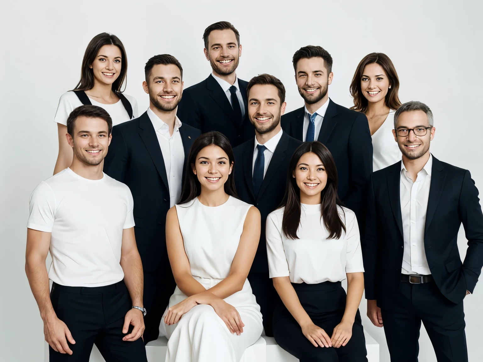 Photos of the 8-person European and American designer team，Happy smile，Both men and women，clean minimalist background