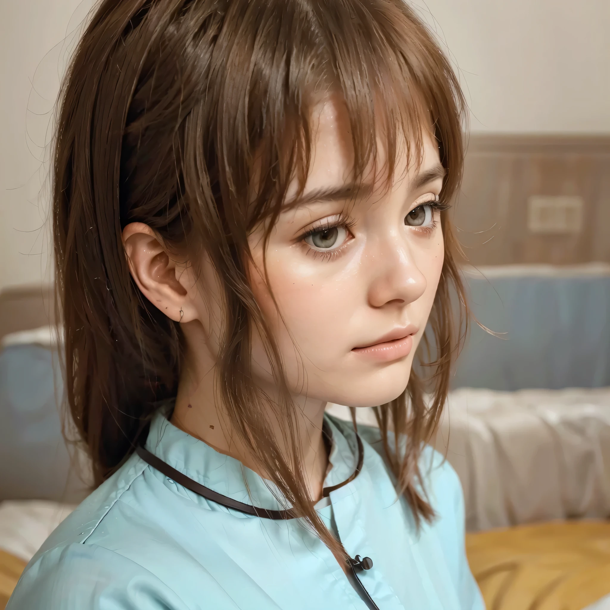 (brown hair, long hair, sad expression, hospital bed, white hospital room)
(best quality, ultra-detailed, highres, realistic:1.37)
(oil painting, soft brush strokes)
(dreamy atmosphere, soft lighting, muted colors)
(flower bouquet, bedside table, medical equipment)
(peaceful ambiance, calm and quiet)
(emotional depth, subtle shadows, delicate features)
(solemn mood, gloomy atmosphere)
(empathetic, melancholic)
(loneliness, vulnerability)
(2D illustration, traditional art style)