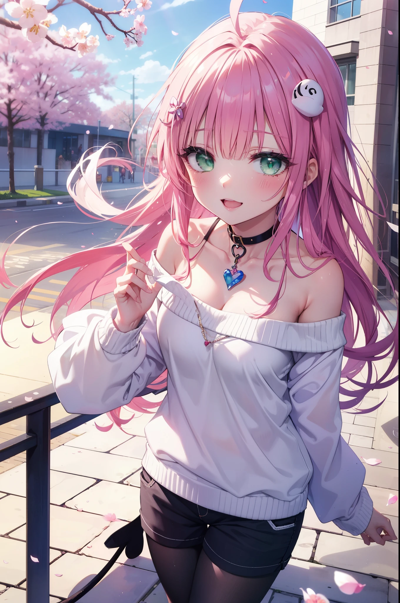 Lara Deviluke, Lara Deviluke, Long Hair, Pink Hair, tail, Ahoge, bangs, hair ornaments, (Green Eyes:1.5), happy smile, smile, Open your mouth,demon tail,Off-the-shoulder sweater,Exposing shoulders,bare clavicle,Bare neck,Heart Pendant,Shorts,Black Pantyhose,short boots,Cherry blossoms are blooming,Cherry blossoms are scattered,Cherry blossom tree-lined path,Daytime,Clear skies,
break outdoors, city,ビル街
break looking at viewer, (Cowboy Shot:1. 5)
break (masterpiece:1.2), highest quality, High resolution, unity 8k w全てpaper, (shape:0.8), (beautiful detailed eyes:1.6), extremely detailed face, Perfect lighting, extremely detailed CG, (Perfect hands, Perfect Anatomy),