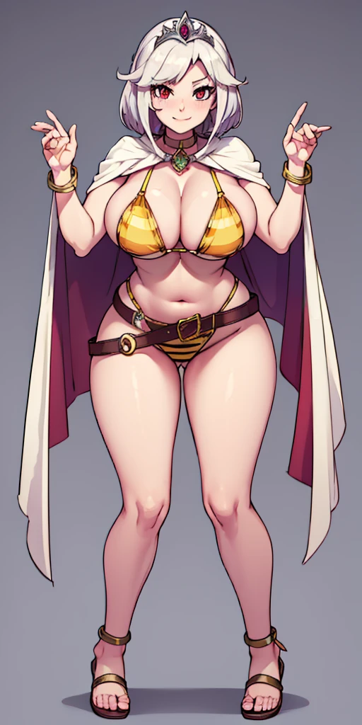 ((PLAIN BACKGROUND 1:2, masterpiece)) 1solo female full body MILF BIMBO standing straight symmetrical with two long thighs and two metal sandals, red eyes like rubies, eye focus looking to the viewer, silver white hair, short bob style hair, big knockers breastplate, breastplate, cleavage, tiara royal, long cape up to two feet, yellow bikini (yellow tiger stripes), lustful smirking smiling, smile face (red blushed, red cheeks), pauldrons metal shoulders, gold sleeveless bracelets, separate sleeves, hands on waist hands OR hips, golden bracers, metal handcuffs, leather corset, red loincloth, black leather choker slave collar, shackles bracelets, slave red crest under navel, navel, big belt around waist OR hips, feet together, metal ankle, two long thighs and two metal sandals