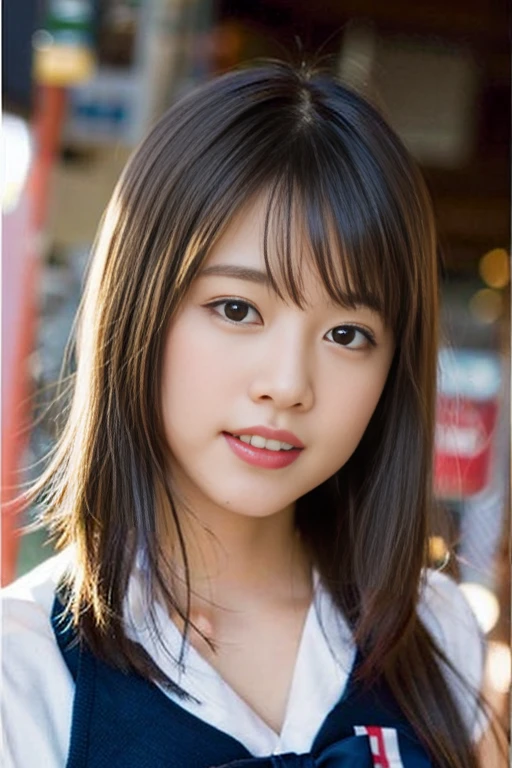 (8k、RAW Photos、highest quality、masterpiece:1.2)、(Realistic、Photorealistic:1.37)、Very detailed、Ultra-high resolution、1 female、Seeing the viewer、Beautiful and elaborate face、Laughter、narrow、(Narrow waist) :1.3)、Beautiful, smooth skin、Skin Texture、Floating Hair、Professional Lighting、The whole human body、Long Hair、blonde、Japanese high 、Sailor suit、Bob Hair、E Cup、smile、Age 25、Red ribbon、Baby Face、childish smile、No makeup、Moisturizing lips、Light pink lips、Nostalgic Countryside、Arcade