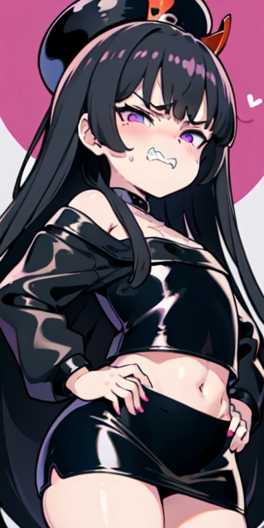 1 girl,heart-shaped pupils, hand on hips, (black hair), (purple eyes), long hair, (((long hime hair))) (blush:1.1), Upper body, trembling, Sweat, Sweatdrop, heart, (speed line:1.1), ((Flat milk)), ((heavy breathing:1.3)), like, heart, angry look, Yandere, ((LOLI)), ((jagged teeth)), small breasts, (Black military cap), ((black jacket)), off shoulder, ((shiny latex black tube top)), ((strapless)), shiny, ((mini pencil skirt)), cowboy shot, ((hime hair)), hime cut, hime haircut, hime style, black off shoulder jacket, ((tsundere))