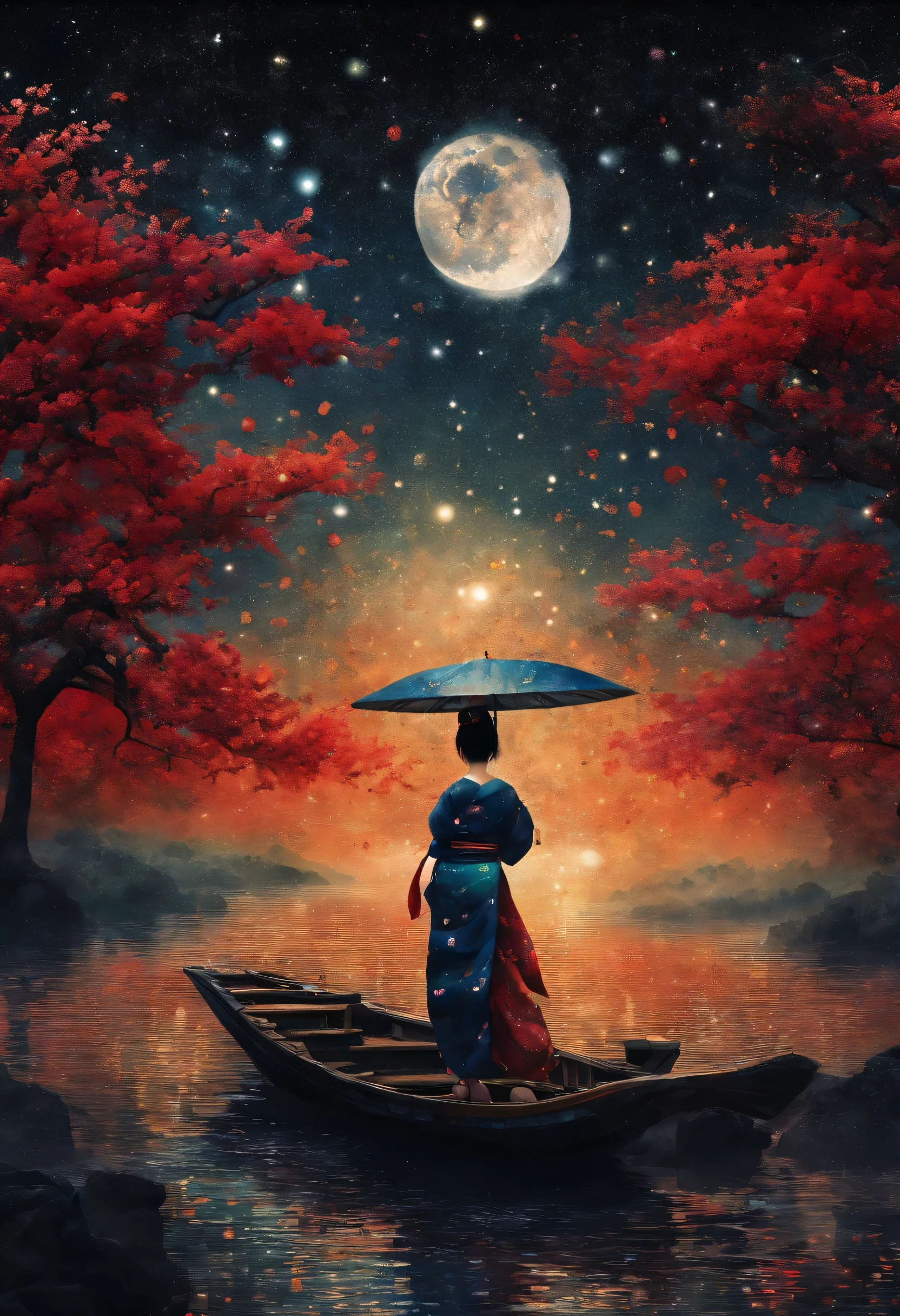 I combined all the elements you asked for into a single prompt and created an image that includes a geisha in a silk kimono and yakuza tattoos, cercada por uma floresta com um rio ou cachoeira, estilo pontilhismo, with a moon in the sky, estrelas, Fechin style oil painting and Flonix MJ Style, em preto, branco e vermelho, Arte japonesa antiga, com arte de papiros, a small boat on the river and constellations in the sky. I hope the final image is in line with your artistic vision..!