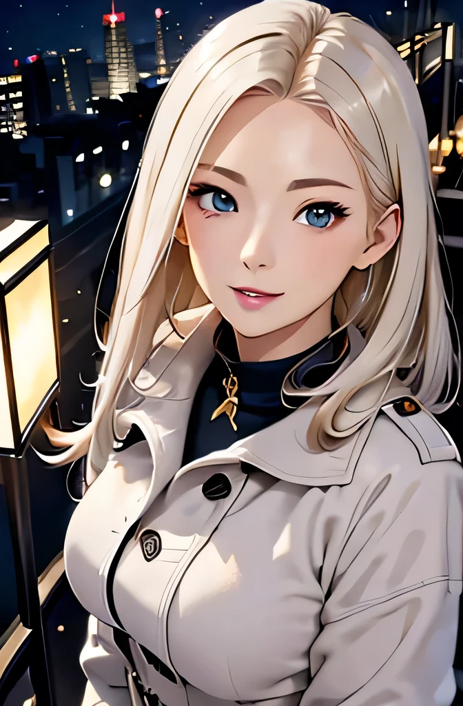 (masterpiece), (highest quality), One girl, (Perfect Face:1.2), (Beautiful Face:1.2), Platinum Blonde Hair, (From above, Upper Body:1.3), Happy, A light smile, View your viewers, Pause, 
winter coat, Outdoor, winter, snow, at night, Complex, Depth of written boundary, Cinema Lighting,