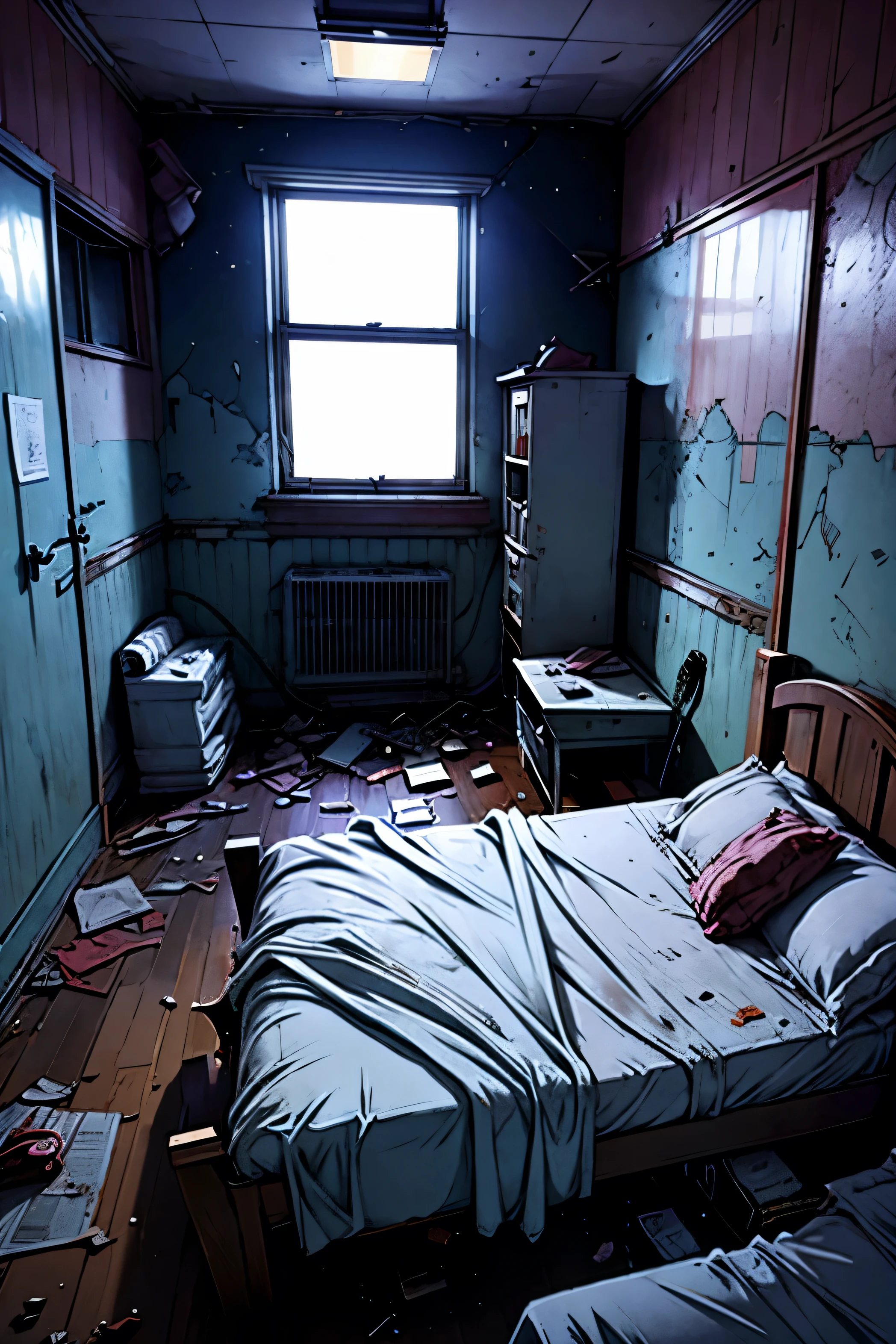 There is a bed in the room,With window and a chest of drawers, Abandoned Hospital room, in a dilapidated ward, Spooky room, in a dilapidated ward, in a dilapidated ward, Creepy Room, Abandoned shelters, Premonition Room, Interior of an abandoned house, interior Abandoned Hospital, Abandoned Hospital, In an abandoned derelict house