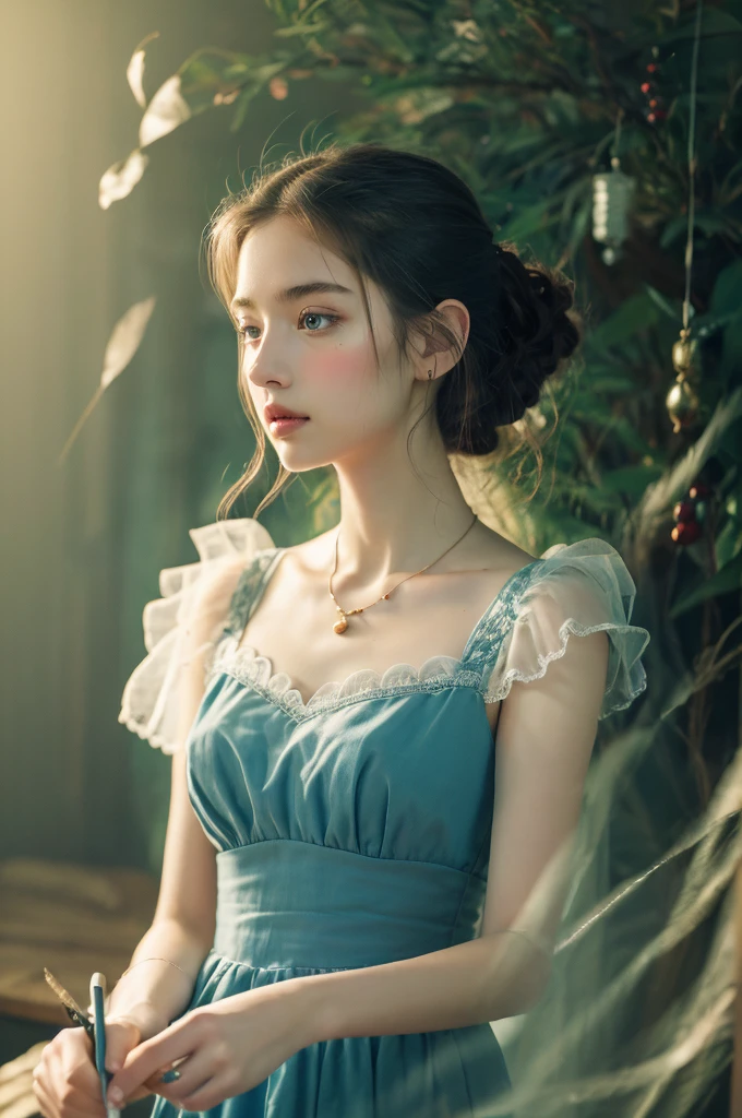 ( masterpiece, top quality, best quality,8k,17 years old girl,ultra detailed,raw photo:1.5),(photorealistic:1.4), (cinematic lighting), PerfectNwsjMajic, , Surrealism, UHD, ccurate, Super detail, textured skin, High detail, Best quality, dynamic angle, White skin,[Beautiful blue eyes], high nose,[flat chest:large breasts:0.5],(1girl),((good anatomy:0.5)), Dreamy atmosphere,expressive brush strokes, mystical ambiance, Artistic interpretation, Stunning Studio Ghibli style costumes, a whimsical illustration, Subtle colors and tones, mystical aura, jewelry, splendor, portrait