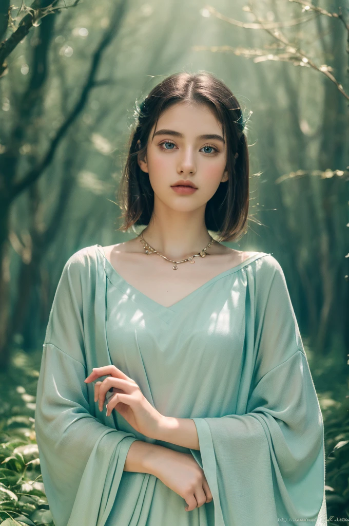 ( masterpiece, top quality, best quality,8k,17 years old girl,ultra detailed,raw photo:1.5),(photorealistic:1.4), (cinematic lighting), PerfectNwsjMajic, , Surrealism, UHD, ccurate, Super detail, textured skin, High detail, Best quality, dynamic angle, White skin,[Beautiful blue eyes], high nose,[flat chest:large breasts:0.5],(1girl),((good anatomy:0.5)), Dreamy atmosphere,expressive brush strokes, mystical ambiance, Artistic interpretation, Stunning Studio Ghibli style costumes, a whimsical illustration, Subtle colors and tones, mystical aura, jewelry, splendor, portrait