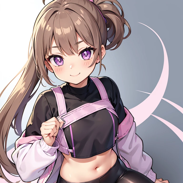 ponytail, crop top, leggings, purple eyes, smile, blush, best quality, masterpiece, , Seguirle, cute, pastel colors, detailed, Lineartnime, anime simple Style, bright pupils, light brown hair,