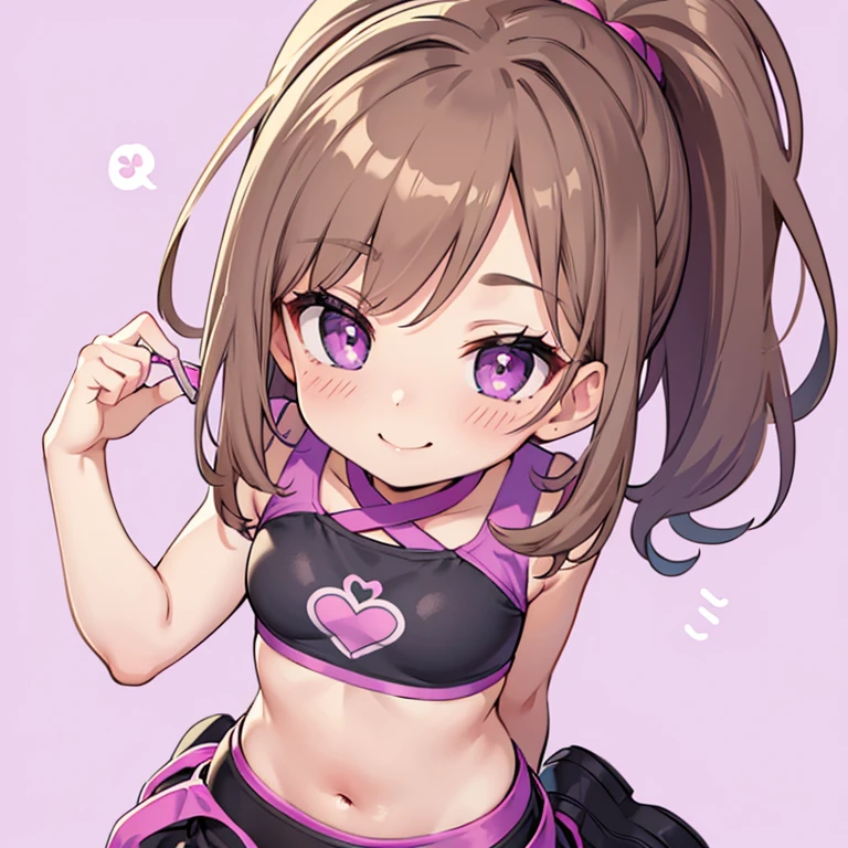 ponytail, crop top, leggings, purple eyes, smile, blush, best quality, masterpiece, , Seguirle, cute, pastel colors, detailed, Lineartnime, anime simple Style, bright pupils, light brown hair,
