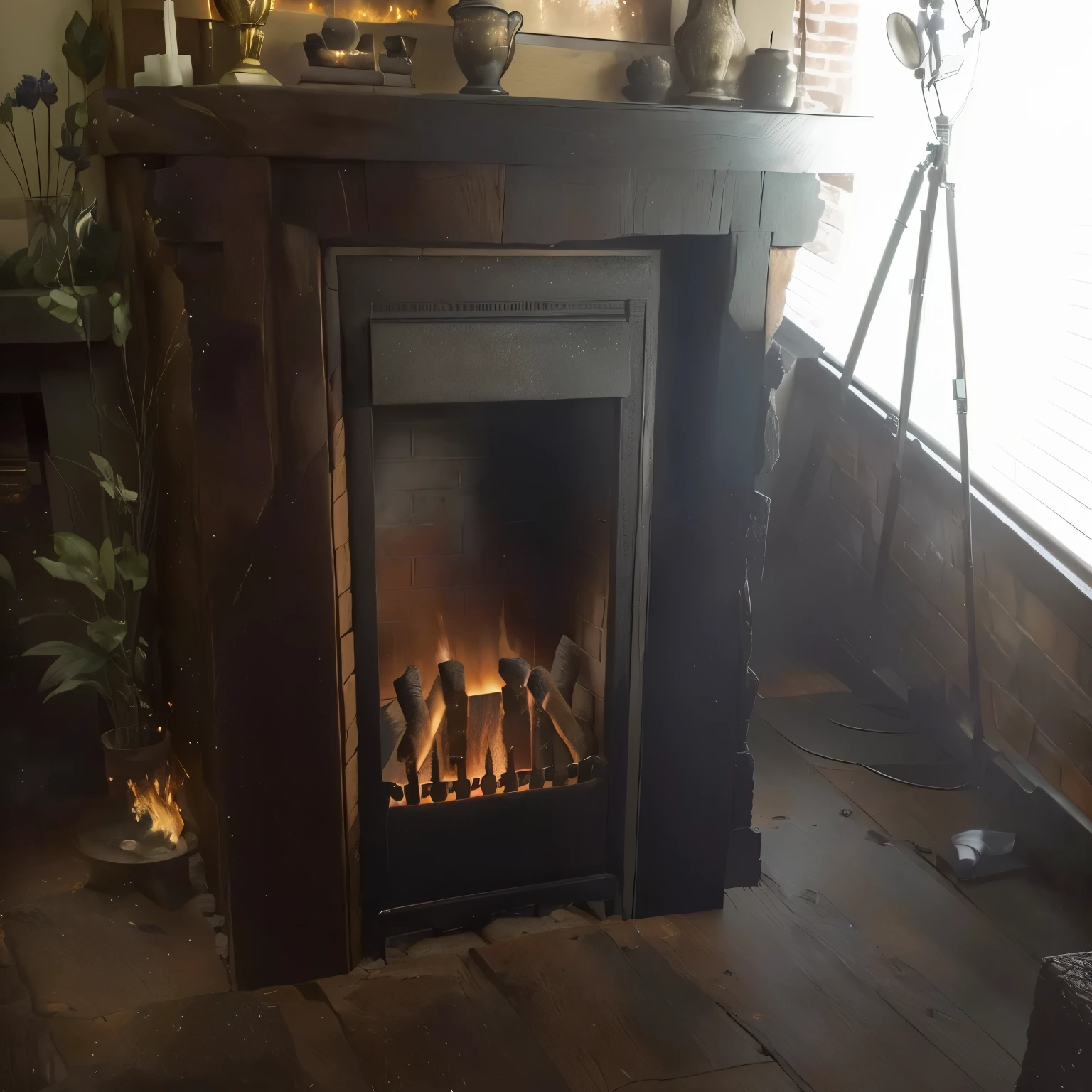 there is a fireplace with a fire place in the middle of it, irori fireplace, fireplace, open peat fire in center of room, fire place roaring, warm fireplace, gas fire in cracks, fireplace lighting, traditional fireplace, cosy fireplace, in front of a fireplace, front facing shot, a wide full shot, by Nancy Carline, masterpiece work of art