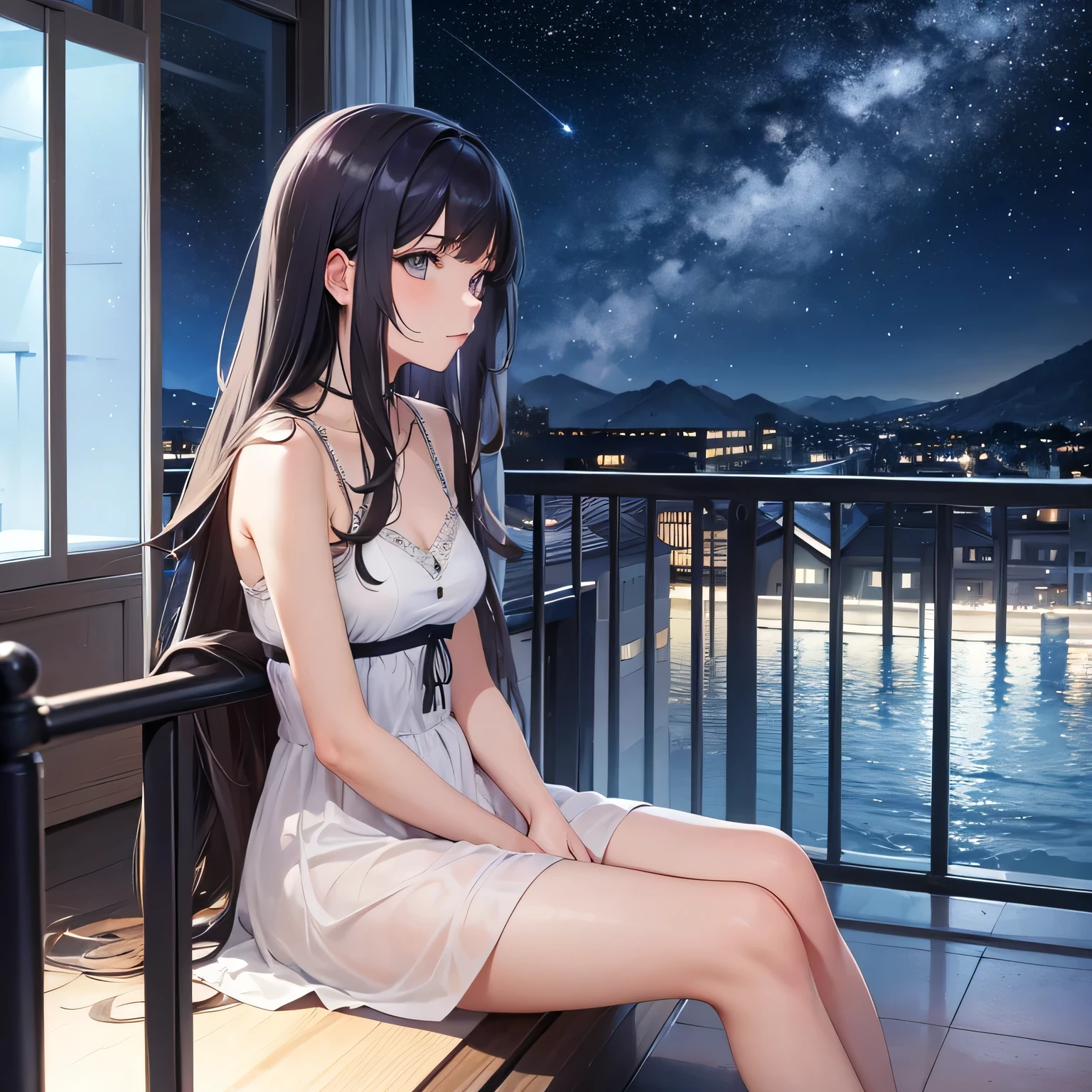 25 year old girl, sitting alone on the balcony, Gazing at the sky, A night sky filled with stars and galaxies, masterpiece,
