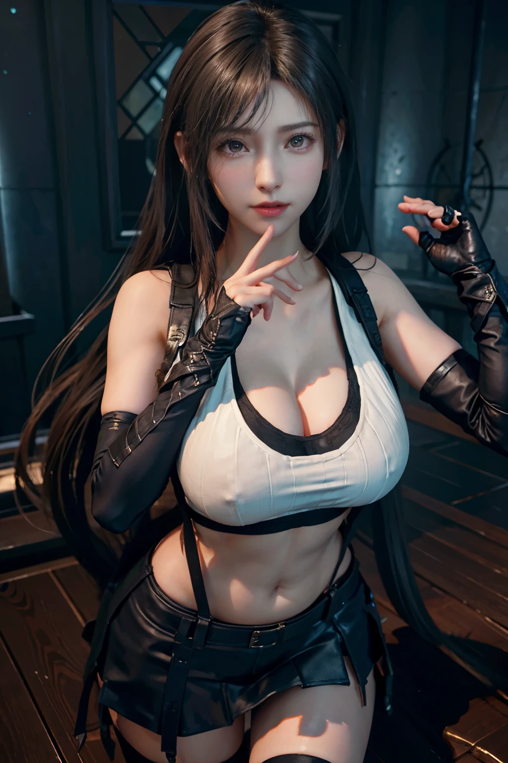 (Realistic: 1.4), 最high quality, Very delicate and beautiful, High resolution,masterpiece, 最high quality, 超High resolution, (Realistic:1.4), Detailed beautiful face, , One girl, Tifa_Lockhart, Final Fantasy VII Remake, Stunning European Women,Cowboy Shot, suspenders, Low rise, Black mini skirt, Black border white tank top, Tense shirt, Black Hair, Long Hair, Sexy Body,Beautiful breasts, Very beautiful and shining eyes,Beautiful feet, So cute, Close-upポトレイト, 柔らかい肌のPerfect Faceを持つ素敵な, Perfect Face, (((Huge breasts))),Tight waist,Chainetter、thigh、In the dungeon,Complete diagram, Shapely hips, 8k resolution,Surreal,Ultra-detailed,high quality, (Huge teardrop chest, Huge breastsの谷間:1.2)， Giant tit， Close-up,A broad perspective