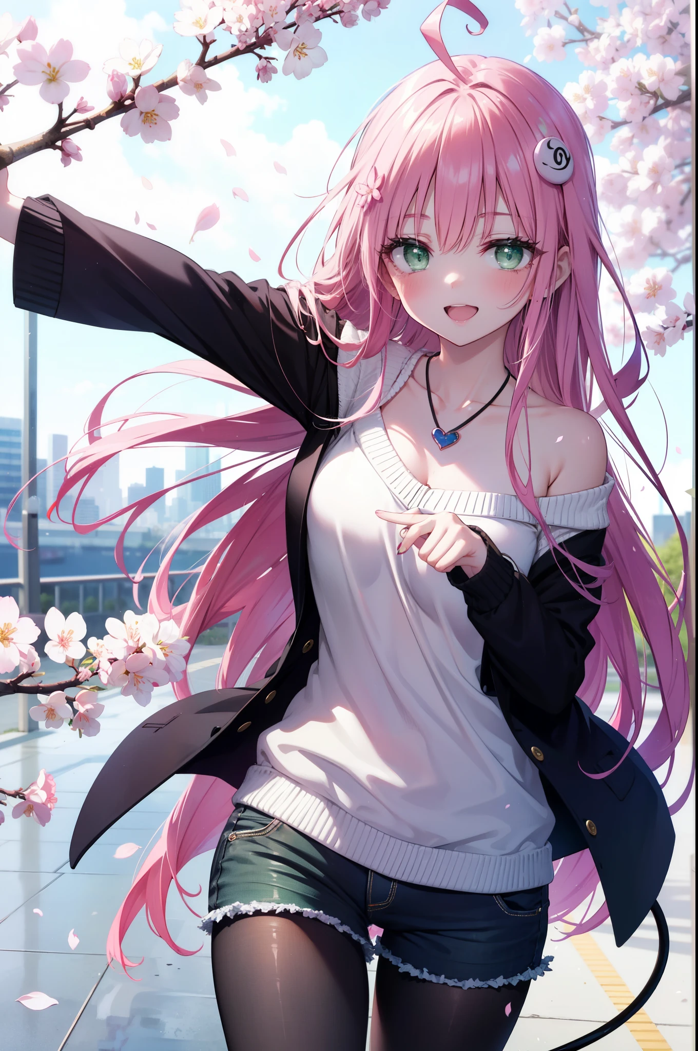 Lara Deviluke, Lara Deviluke, Long Hair, Pink Hair, tail, Ahoge, bangs, hair ornaments, (Green Eyes:1.5), happy smile, smile, Open your mouth,demon tail,Off-the-shoulder sweater,Exposing shoulders,bare clavicle,Bare neck,Heart Pendant,Shorts,Black hose,short boots,Cherry blossoms are blooming,Cherry blossoms are scatt,Cherry blossom tree-lined path,Daytime,Clear skies,
break outdoors, city,ビル街
break looking at viewer, (Cowboy Shot:1. 5)
break (masterpiece:1.2), highest quality, High resolution, unity 8k w全てpaper, (shape:0.8), (beautiful detailed eyes:1.6), extremely detailed face, Perfect lighting, extremely detailed CG, (Perfect hands, Perfect Anatomy),