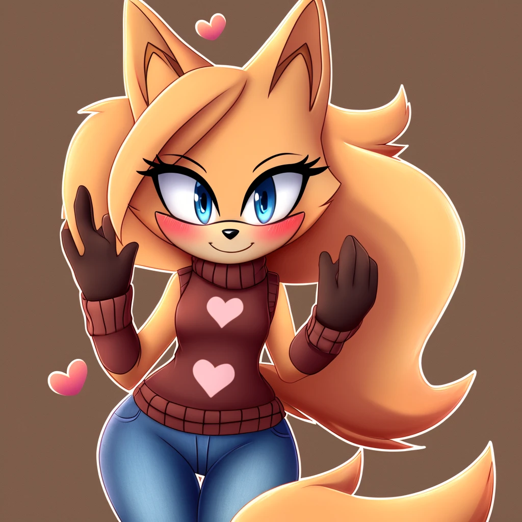 Whisper the wolf, blue eyes, blushing, sweater, ((sleeveless sweater)), jeans, smile, closed mouth, cute, hearts, looking at viewer, outline, Intricate Details, Masterpiece, Best Quality, High Quality, Studio Quality, Best Detail, Perfect Detail, Refine Detail.