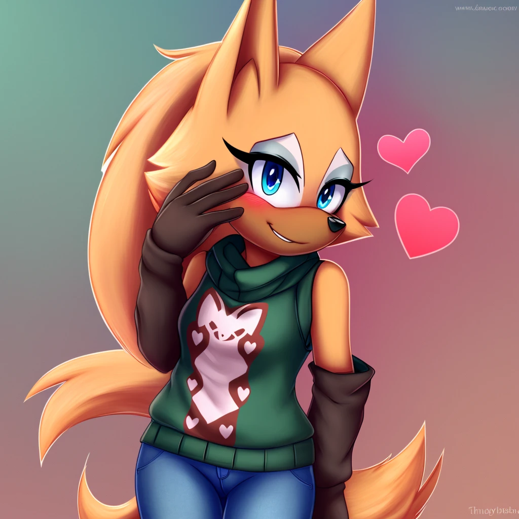Whisper the wolf, blue eyes, blushing, sweater, ((sleeveless sweater)), jeans, smile, closed mouth, cute, hearts, looking at viewer, outline, Intricate Details, Masterpiece, Best Quality, High Quality, Studio Quality, Best Detail, Perfect Detail, Refine Detail.