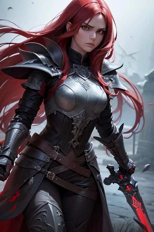 (best quality,4k,8k,highres,masterpiece:1.2),ultra-detailed,(realistic,photorealistic,photo-realistic:1.37),Human inquisitor,female,long red hair,scars on face,yellow eyes,black armor,coat,majestic,arrogant,evil,dark fantasy,sword,threatening shadows,dark and ominous atmosphere,crimson background,sharp reflections on the armor,glowing runes on the sword,smoke swirling around the inquisitor,sinister expression on the face,intense gaze,haunting aura,ominous storm clouds,menacing presence,droplets of blood on the sword,ferocious stance,mysterious symbols on the armor,ashes and embers floating in the air,dramatic lighting casting deep shadows,ominous whispers in the background.