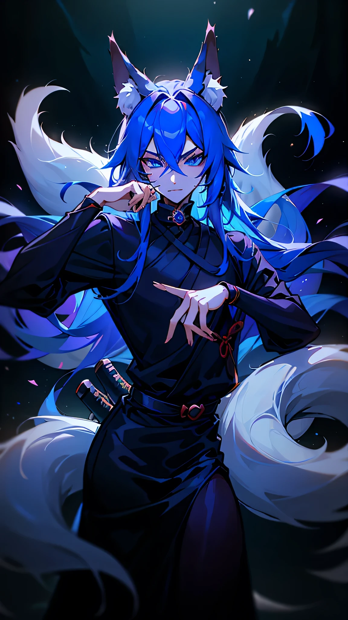 Kitsune, male, beautiful face, beautiful blue eyes,fox ears, fox tail, medium long hair, dnd rogue, rogue, rogue costume, (tanto sword), threatening pose