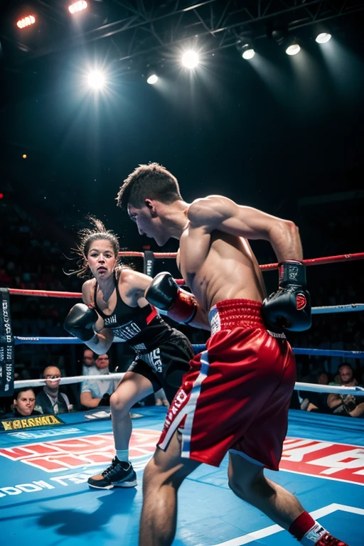 In a chaotic boxing arena, (best quality, highres, ultra-detailed), a and intense boxing match (HDR, ultra-fine painting) unfolds between two skilled fighters. The crowd (energetic fans, roaring spectators) fills the arena with anticipation and excitement. The boxers (muscular, determined) are drenched in sweat as they showcase their strength, agility, and fighting techniques. Bright spotlights (studio lighting) illuminate the ring, casting dramatic shadows and enhancing the atmosphere. The fighters’ gloves (leather gloves) make sharp impacts against their opponents, accompanied by the sound of metal chains clinking on the punching bags. The referee (focused, impartial) monitors the match closely, ready to intervene if necessary. The boxers' expressions (focused, determined, fierce their determination to win, while their bodies showcase the physical toll of the intense battle. The atmosphere is charged with adrenaline (intense, action-packed), and the audience (enthusiastic, cheering) becomes part of the electric atmosphere as they witness a clash of strength and strategy. The arena is decorated with boxing-themed artworks (bold, dynamic) that reflect the spirit of the sport. The overall color palette (bold, vibrant, contrasting) enhances the drama and intensity of the scene, with the warm lights accentuating the boxers' physique and the ring. The painting style (realistic) captures every intricate detail of the fighters' muscles, sweat, and determination. The scene exudes a sense of realism (photo-realistic), immersing the viewer in the thrilling world of boxing.