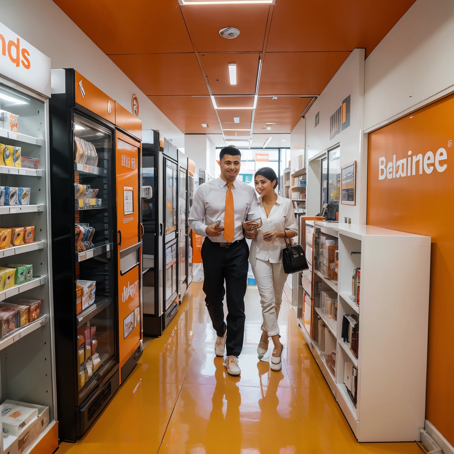 A retail walk-in electronics appliances store named TahirBrothers Electric Company, boasting a vibrant white and orange theme with the shop name gleaming in bold letters. The interior is adorned with an array of home appliances, such as fridges and air conditioners, their white and orange casing reflecting off the polished floor. Posters and banners showcasing the latest electronic products adorn the walls, while the shelves are stocked with an assortment of mobiles and other accessories. A sales assistant, dressed in a sharp white dress shirt, orange tie, and black pants, assists a good-looking customer with a confident smile.