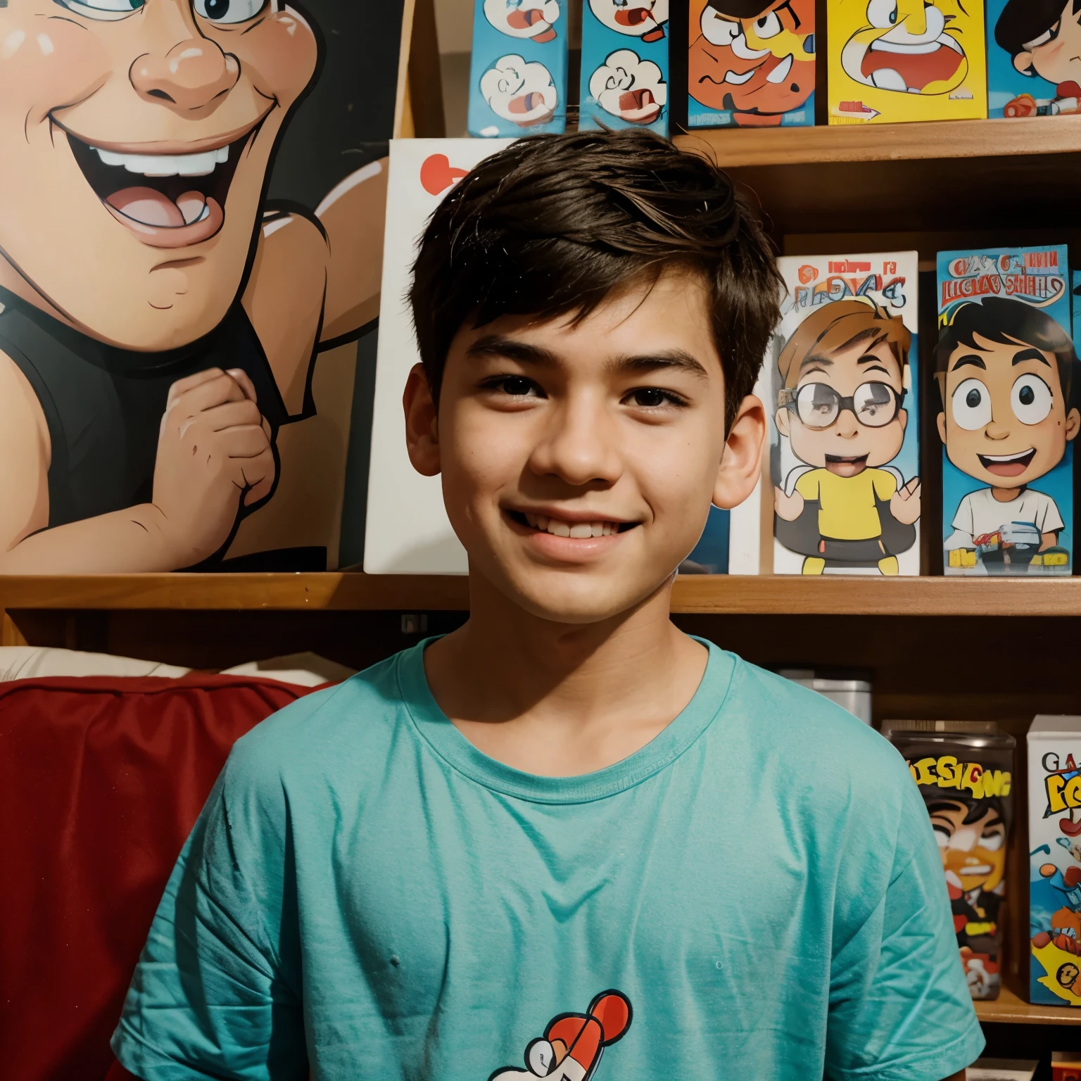 A boy surrounded by cartoon caricatures