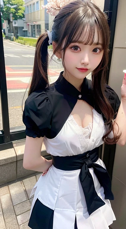 (RTTX 10.0,Ticker,wonderful_detailed, Wide Shot, whole body), expensive_qualityBlonde_hair, Shape_face,green_eye, small_nose, length_eyelash,small_face, woman, One girl, serafuku_ (sexy uniform), chestの谷間_cut out, center_opening,((~ sideboop, underboop, abdomen, Stomach_cut out, belly button_cut out, ~ side_slit,big_chest)), zettai_ryouiki, share_cut out, School_uniform, bow_hair, lip gloss, lip_balm, Are standing, masterpiece, clear, High resolution, finely_detaileded, (perfection_face, perfection_eye, perfection_refer to, perfection_hand, perfection_arms),length pigtails, ((Cherry blossom background)),pretty girl,,((K-Pop,K-Pop idol,South Korea,South Korean idol,reveal_Clothes, 25歳woman)),(delicate eye, clear eye)((Oiled:1.3))