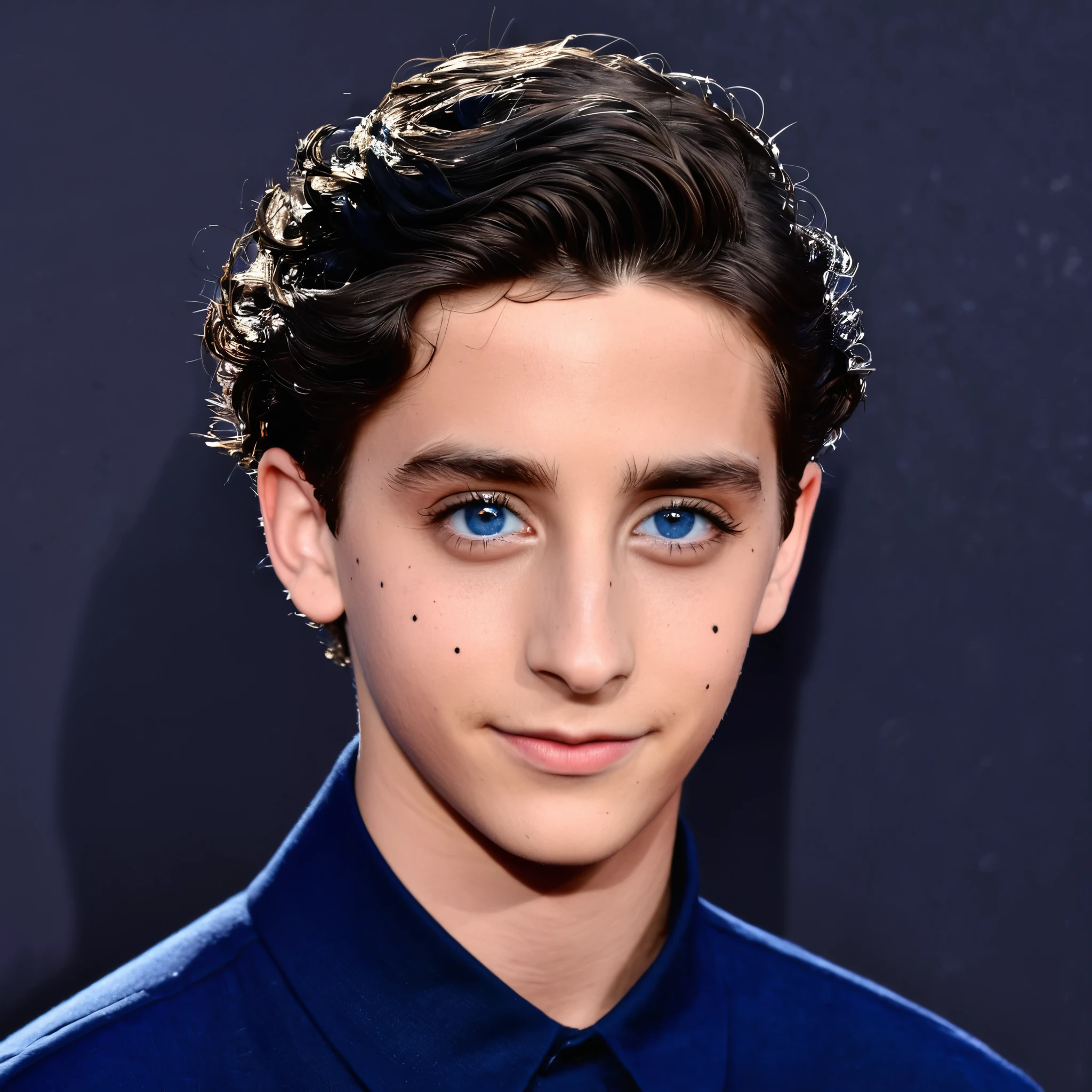 1 chico adolescente de rasgos faciales de timothee chamalet estilo de cabello de Luka personaje de lady bug, ropa negra y con brillos Ojos azules como mar turbio El fondo una calle oscura.