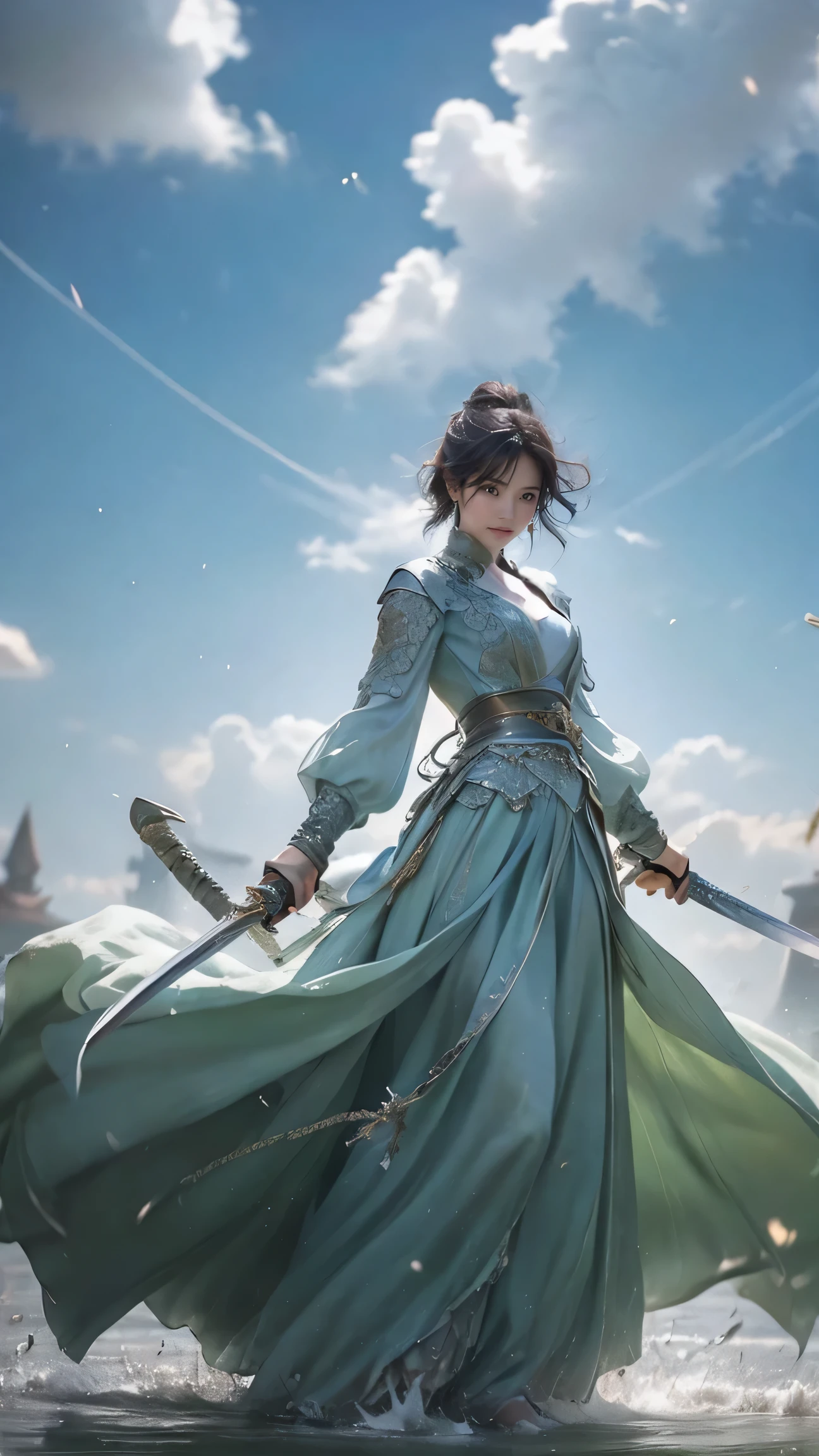 masterpiece，super high quality，Artwork，Perfect composition，1 girl，Swinging a sword in the sun，beautiful girl，Short hair detail Multiple long swords floating，Wanjiang Guizong，Jean-Jouët,Cute Smile、Cutting、I can see her cleavage、Perfect hands and perfect fingers、