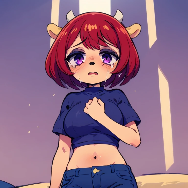 1girl, lammy, furry, red hair, short hair, horns, red shirt, dark purple eyes, tanned, blue jeans, midriff, getting pulled by 3 hands scared face crying 