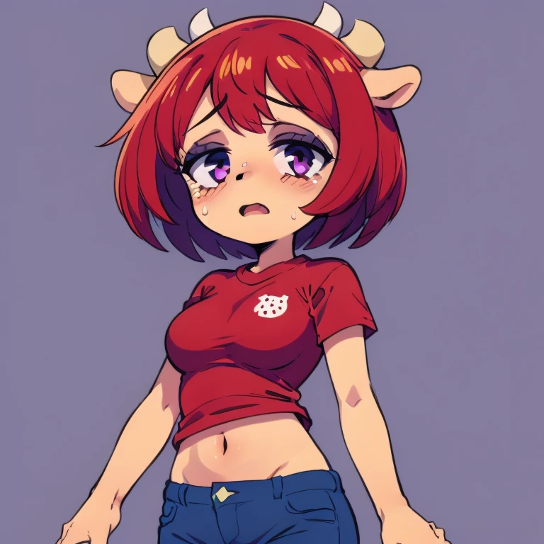 1girl, lammy, furry, red hair, short hair, horns, red shirt, dark purple eyes, tanned, blue jeans, midriff, getting pulled by 3 hands scared face crying 