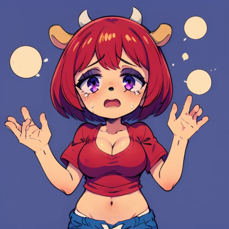 1girl, lammy, furry, red hair, short hair, horns, red shirt, dark purple eyes, tanned, blue jeans, midriff, getting pulled by 3 hands scared face crying 