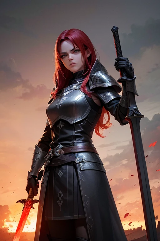 (best quality,4k,8k,highres,masterpiece:1.2),ultra-detailed,(realistic,photorealistic,photo-realistic:1.37),Human inquisitor,female,long red hair,scars on face,yellow eyes,black armor,coat,majestic,arrogant,evil,dark fantasy,sword,threatening shadows,dark and ominous atmosphere,crimson background,sharp reflections on the armor,glowing runes on the sword,smoke swirling around the inquisitor,sinister expression on the face,intense gaze,haunting aura,ominous storm clouds,menacing presence,droplets of blood on the sword,ferocious stance,mysterious symbols on the armor,ashes and embers floating in the air,dramatic lighting casting deep shadows,ominous whispers in the background.