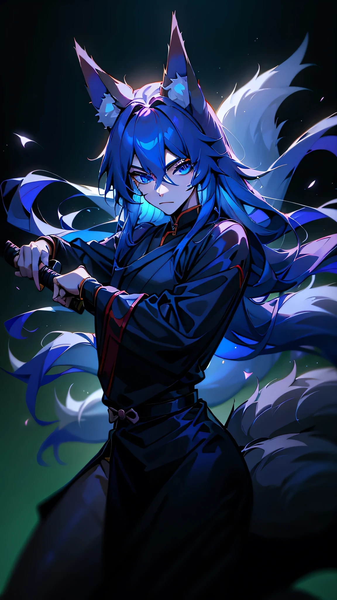 Kitsune, male, beautiful face, beautiful blue eyes,fox ears, fox tail, medium long hair, dnd rogue, rogue, rogue costume, (tanto sword), threatening pose