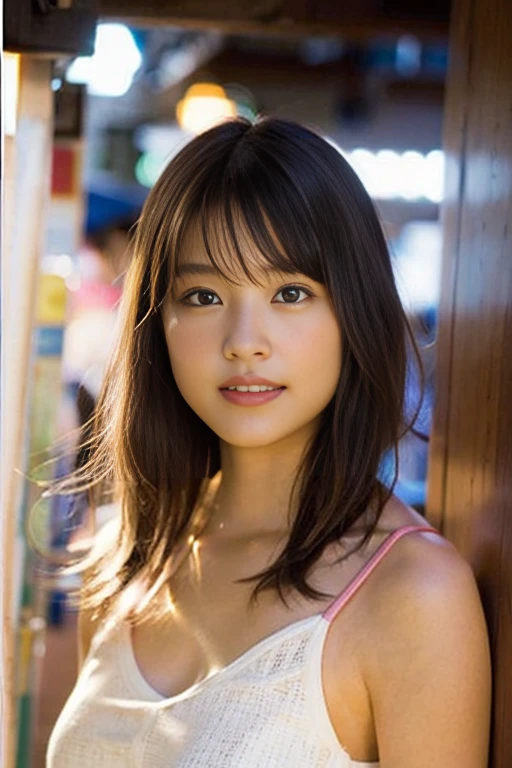 (8k、RAW Photos、highest quality、masterpiece:1.2)、(Realistic、Photorealistic:1.37)、Very detailed、Ultra-high resolution、1 female、Seeing the viewer、Beautiful and elaborate face、Big name、Laughter、narrow、(Narrow waist) :1.3)、Beautiful, smooth skin、Skin Texture、Floating Hair、Professional Lighting、The whole human body、Long Hair、blonde、Japanese high 、Camisole dress、Bob Hair、E Cup、smile、Age 25、Baby Face、childish smile、No makeup、Moisturizing lips、Light pink lips、Nostalgic Countryside、Arcade