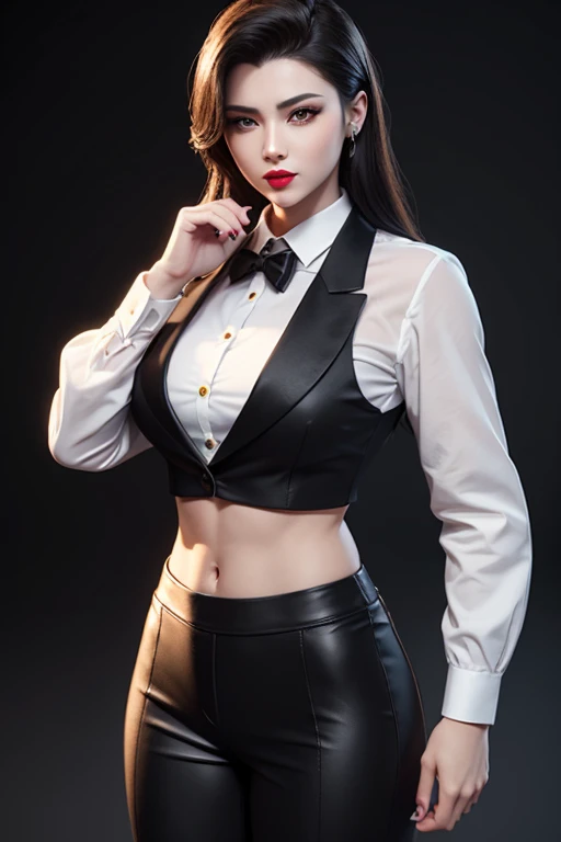 3D Rendering Style: A muscular body with huge chest and a flat stomach, a perfect face with red lips and yellow eyes, a woman wearing a black formal suit with a white shirt,five fingers