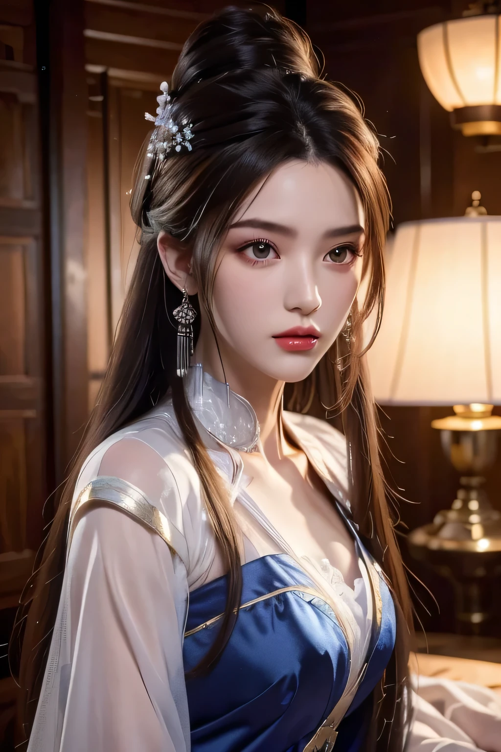 High-quality work,Realistic works,Super premium graphics,8K HD CG works,high quality graphics,High-definition and exquisite CG works,10x pixels,Ultra-fine details:1.1,Advanced technical details:1.1Realistic photo effects,Interior lighting effects:1.5,natural soft light:1.5. Light effect(Virtual light effects:1.8),ultra high resolution,shining dress,sliver long hair,silber hair,transparenthair,high detailed hair(Quality hair details:1.1)Clear eyes,Double eyelids look good,Sharp eye makeup, Create exquisite eyelash makeup, tthin eyebrows, Ultra-detailed eyes,a tall nose, lovely red lips, rosey cheeks, With delicate makeup on her face , pretty face, The face shape is perfectly proportioned,(Advanced facial details:1.1)Fantastic beautiful background,There is a strong sense of layering,Sable Cicada in Glory of Kings is a beautiful and enchanting character,Her physical features are as follows: long whitr hair:The hair of mink cicadas is usually long black or dark red hair,The shawl goes down,Sometimes combed into different hairstyles,It is common to have double ponytails tied up on the sides or scattered on the shoulders。 The eye:She has big, bright eyes,It is usually a flexible semi-curved shape,The eyes appear a deep black or brown color。 eyebrows very:The eyebrows of the mink cicada are slender and elegant,You may wear some delicate eyebrow makeup,Makes the entire face more three-dimensional and refined。 Face:Her face shape is usually slender and soft oval in shape,with fair and smooth skin,Exquisite makeup。Her facial features are evenly distributed,The forehead is broad,The nose is straight,Plump lip shape。 garments:Sable cicadas like to wear fancy costumes,Clothes inspired by ancient Chinese court costumes are often chosen。Common clothing features include robes、Belt and intricate embroidery。Color aspect,She often wears red、Purple or gold clothing,to show her dignity and ench,Women's artwork,Dress full body video,Realism,Amazing Cleavage,My eyes are very bright today