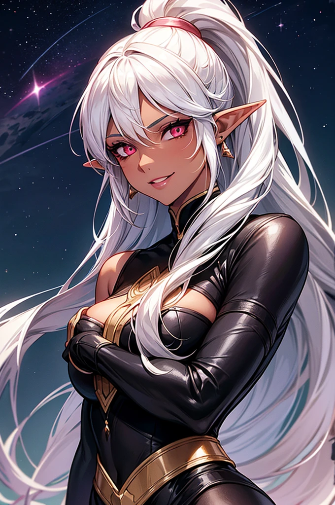 An elf woman, very black tanned skin, beautiful silver hair, pointed ears, beautiful red eyes, thick pink lips, ponytail, shiny black rubber suit, beautiful body line, upper body description, dear smile, open lips, close-up, 8K, night, pitch-black skyscraper rooftop, starry sky,