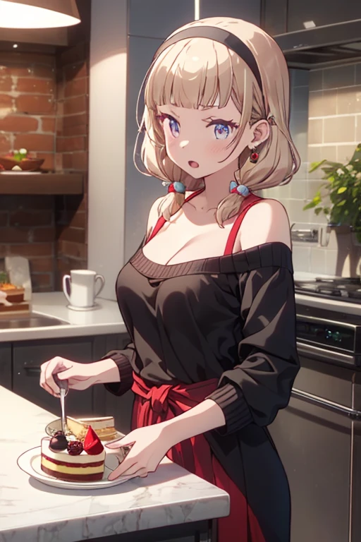 masterpiece, yor, 1girl, Amazing Cleavage:1.3, thin waist, big ass, Raised sexy, medium breast: 1.8 posed cleavage:1.2、solo, looking at viewer, open mouth, have a cup of coffee,black hair, red eyes, dress, bare shoulders, jewelry, collarbone, sidelocks, hairband, earrings, indoors, off shoulder, :o, sweater, arms behind back, plant, short hair with long locks, white hairband, off-shoulder dress, sweater dress, off-shoulder sweater, red sweater, big side hair, very long side hair,is rendered in (masterpiece: 1.2, best quality), with (ultra high resolution) and an exquisite (depth of field). This masterpiece is not only visually stunning but also tells, make of cake cooking ,in the kitchen