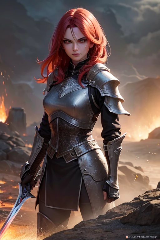 (best quality,4k,8k,highres,masterpiece:1.2),ultra-detailed,(realistic,photorealistic,photo-realistic:1.37),Human inquisitor,female,long red hair,scars on face,yellow eyes,black armor,coat,majestic,arrogant,evil,dark fantasy,sword,threatening shadows,dark and ominous atmosphere,crimson background,sharp reflections on the armor,glowing runes on the sword,smoke swirling around the inquisitor,sinister expression on the face,intense gaze,haunting aura,ominous storm clouds,menacing presence,droplets of blood on the sword,ferocious stance,mysterious symbols on the armor,ashes and embers floating in the air,dramatic lighting casting deep shadows,ominous whispers in the background.