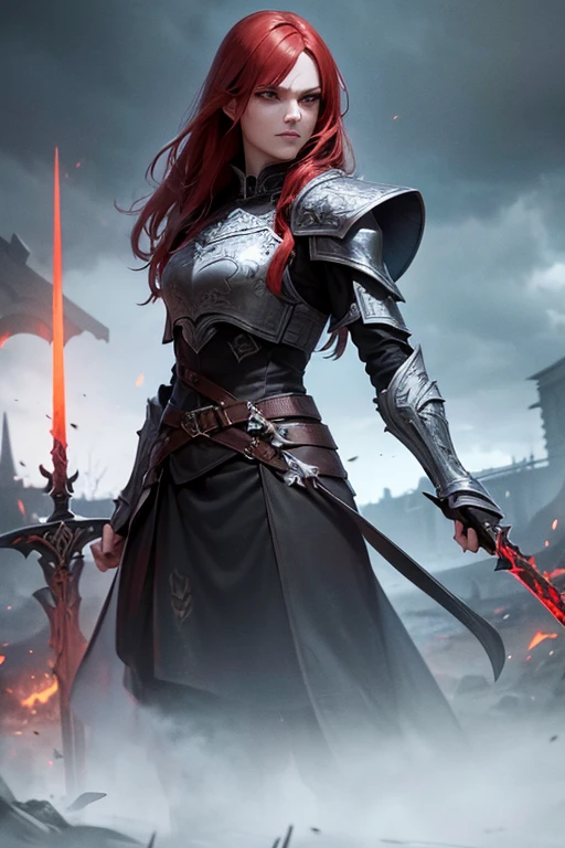 (best quality,4k,8k,highres,masterpiece:1.2),ultra-detailed,(realistic,photorealistic,photo-realistic:1.37),Human inquisitor,female,long red hair,scars on face,yellow eyes,black armor,coat,majestic,arrogant,evil,dark fantasy,sword,threatening shadows,dark and ominous atmosphere,crimson background,sharp reflections on the armor,glowing runes on the sword,smoke swirling around the inquisitor,sinister expression on the face,intense gaze,haunting aura,ominous storm clouds,menacing presence,droplets of blood on the sword,ferocious stance,mysterious symbols on the armor,ashes and embers floating in the air,dramatic lighting casting deep shadows,ominous whispers in the background.