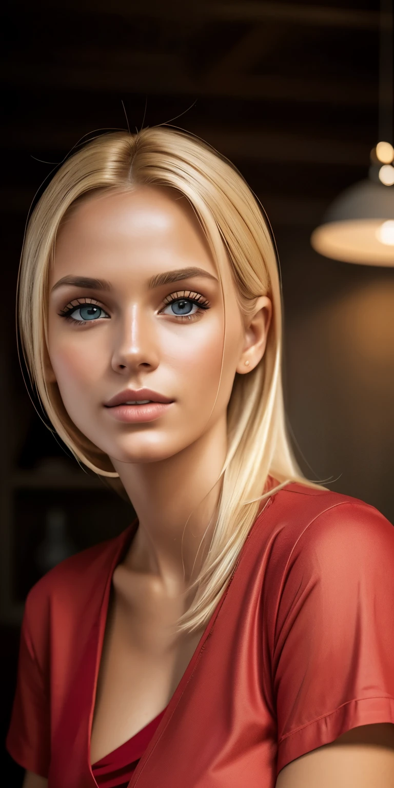 RAW photo, portrait of a beautiful blonde woman wearing a red shirt (high detailed skin:1.2), 8k uhd, dslr, soft lighting, high quality, film grain, Fujifilm XT3  