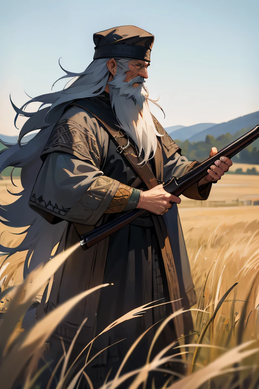 Old man, viking clothes, worn down clothes, unkempt hair, long beard. grass fields, hair covering side of face, holding shotgun, aa12 shotgun