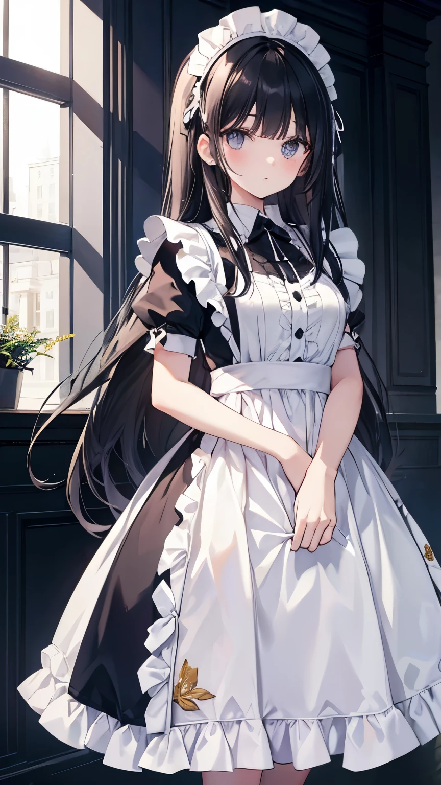 ,Girl,Best image quality,,Black Hair,,Grey Eyes,,White skin,Long Hair,Straight Hair,Western-style building,indoor,Cosmos,Maid clothes,Black tea,Frills,,
