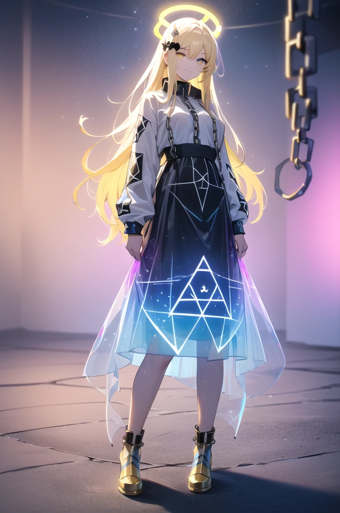 (blonde hair, long hair, sidelocks), (eyes with a mix of yellow and blue irises:1.5), two-tone eyes, multicolored eyes gradient eyes, white and blue jacket with constellation prints, (best quality,4k,8k,highres,masterpiece:1.2), ultra-detailed, portraits, (HDR:1.1), (vivid colors:1.1), (studio lighting), (bokeh), (highly saturated colors), (soft lighting), (detailed background), (subtle shadows), (ethereal glow), (pastel color palette), (delicate details), (sublime beauty), (feminine charm), (crisp focus), (fine brushwork), (impeccable craftsmanship), (emotional depth), (captivating storytelling), (intriguing narrative), (impressive realism), (exceptional artistry), (masterpiece-worthy), (awe-inspiring), blonde hair, very long hair, sidelocks, (eyes with a mix of yellow and blue irises:1.5), (two-tone eyes:1.5), (multicolored irises:1.5), multicolored eyes (gradient eyes:1.5), white and blue jacket with constellation prints, metallic skirt, (smug:1.5), (smirk), naughty face, mischievous, futuristic clothing, science fiction setting, high-tech, glowing eyes, (unicursal hexagram-shaped irises), (full body:1.5), (chains:1.5), (holographic halo:1.5), (unicursal hexagram halo:1.5), xuer hologram Laser skirt, (transparent skirt:1.5)