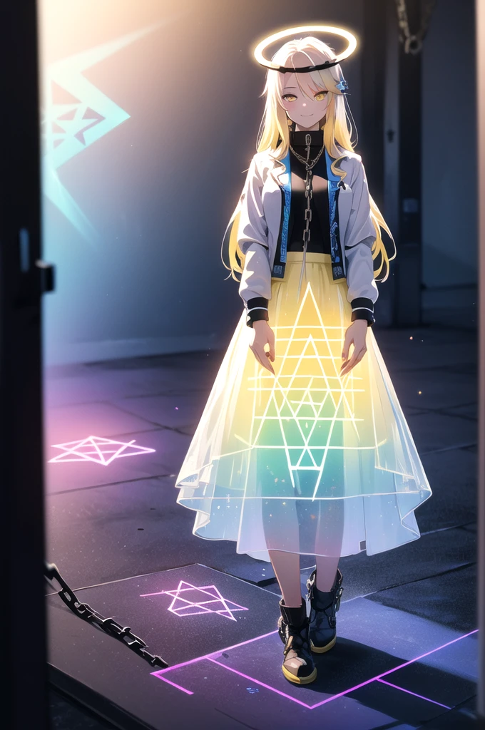 (blonde hair, long hair, sidelocks), (eyes with a mix of yellow and blue irises:1.5), two-tone eyes, multicolored eyes gradient eyes, white and blue jacket with constellation prints, (best quality,4k,8k,highres,masterpiece:1.2), ultra-detailed, portraits, (HDR:1.1), (vivid colors:1.1), (studio lighting), (bokeh), (highly saturated colors), (soft lighting), (detailed background), (subtle shadows), (ethereal glow), (pastel color palette), (delicate details), (sublime beauty), (feminine charm), (crisp focus), (fine brushwork), (impeccable craftsmanship), (emotional depth), (captivating storytelling), (intriguing narrative), (impressive realism), (exceptional artistry), (masterpiece-worthy), (awe-inspiring), blonde hair, very long hair, sidelocks, (eyes with a mix of yellow and blue irises:1.5), (two-tone eyes:1.5), (multicolored irises:1.5), multicolored eyes (gradient eyes:1.5), white and blue jacket with constellation prints, metallic skirt, (smug:1.5), (smirk), naughty face, mischievous, futuristic clothing, science fiction setting, high-tech, glowing eyes, (unicursal hexagram-shaped irises), (full body:1.5), (chains:1.5), (holographic halo:1.5), (unicursal hexagram halo:1.5), xuer hologram Laser skirt, (transparent skirt:1.5)