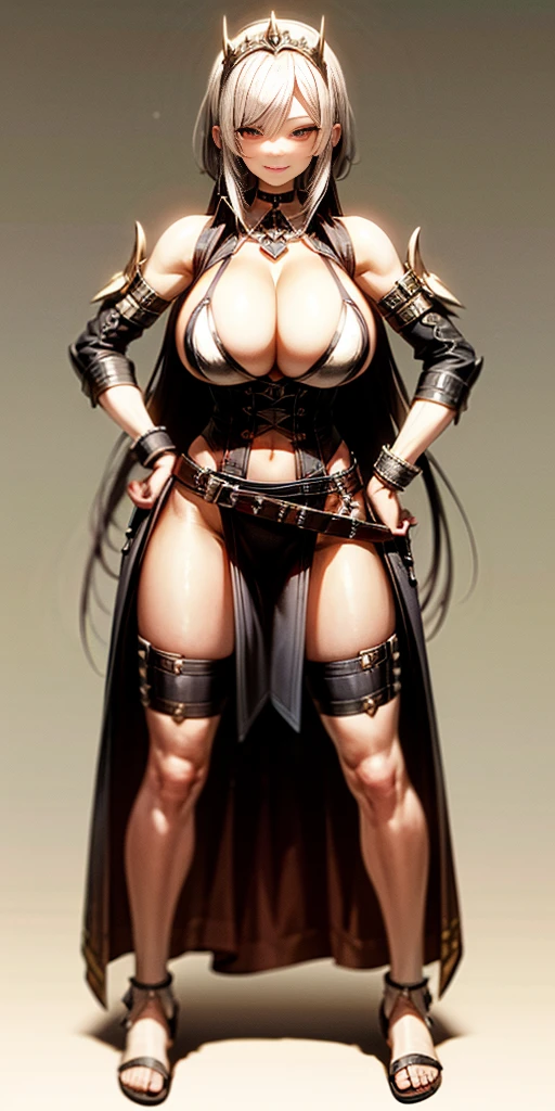 ((PLAIN BACKGROUND,1:2, masterpiece)), full body MILF BIMBO standing with two long thighs and two metal sandals, red eyes, silver white hair, short bob style hair, big breasts, cleavage, separate sleeves, tiara royal, long cape up to two feet, yellow bikini, hands on waist, navel, lustful smirking smiling, smile face (red blushed, red cheeks), metal shoulders, gold sleeveless armbands, black leather choker slave collar, shackle bracelets, sex slave red crest, pauldrons, breastplate, corset, eye focus, full body, whole body. 1solo . slave fighter, loincloth standing, hands on hips, metal sandals, backpack, choker, big belt, view from below, feet together, bracers, tiara)